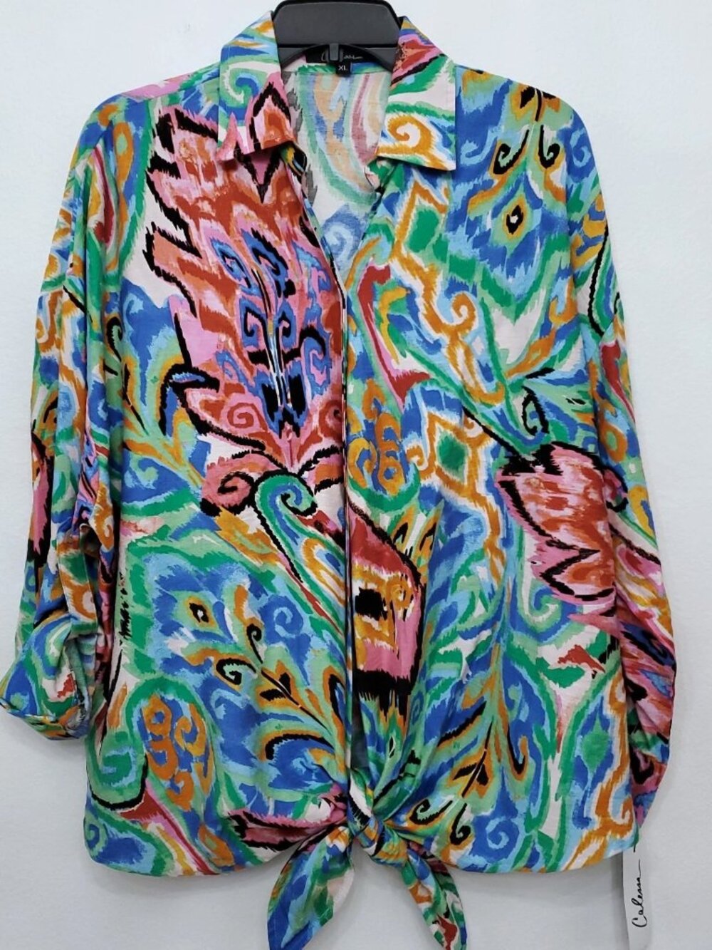 NWT Calessa Women's Vibrant Multicolor Abstract Tie-front Women's Shirt Size XL